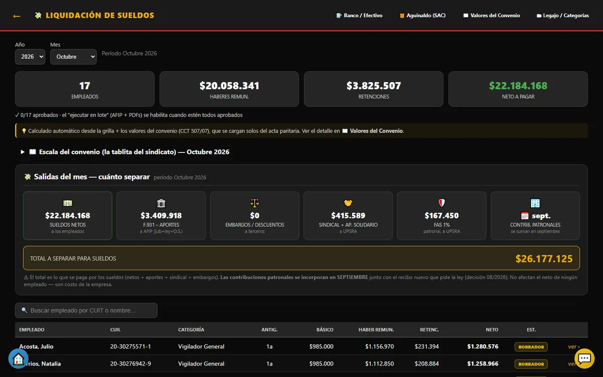 Liquidación de sueldos calculada desde la grilla