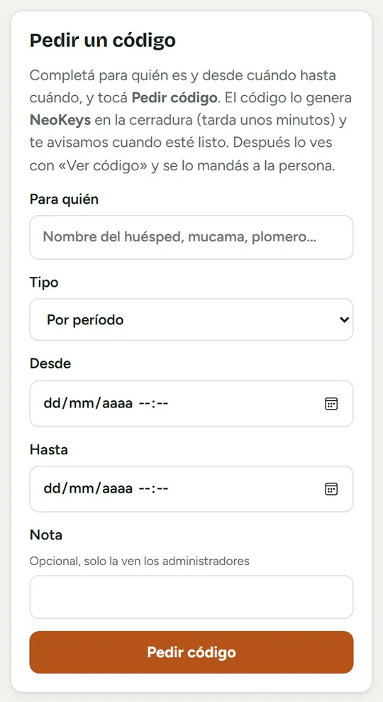 Formulario para pedir un código por período