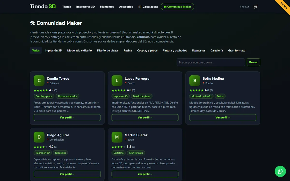 Comunidad Maker: tarjetas de makers con especialidades y calificaciones